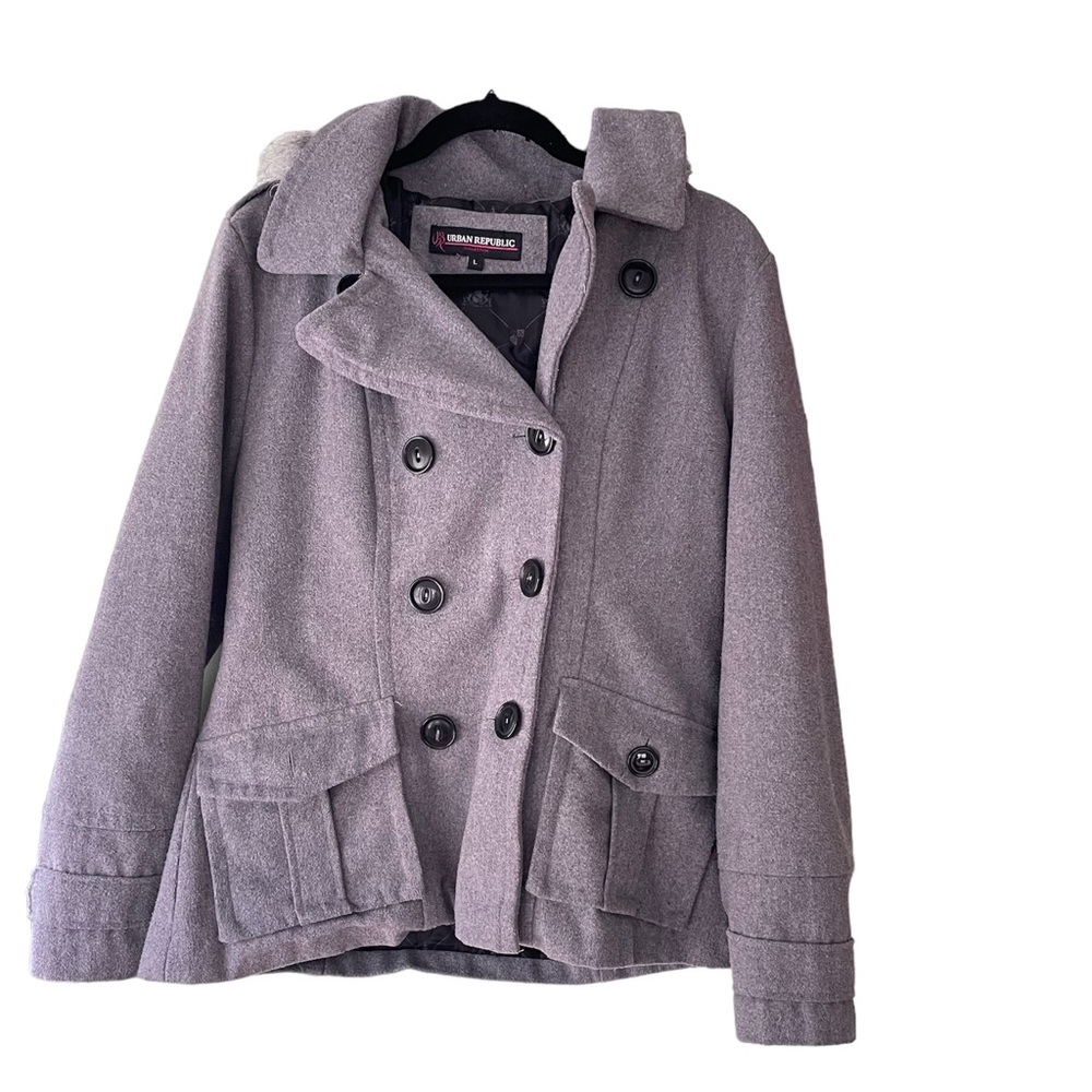 Urban Republic pea coat fur trimmed hood gray large